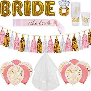 Bachelorette Party Decorations Kit 12 Frosted Cups Bride Sash Veil Diamond Ring Balloon Stringed Tassels Bridal Shower Supplies 6 Rose and 6 Gold Confetti Balloons Gold Foil Bride Balloons 